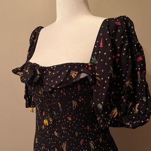FARM Rio Tiny Fruits Smocked Mini Dress in Black, size XL